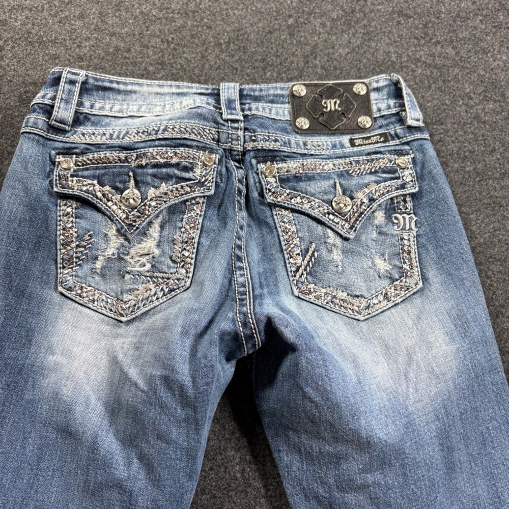 Miss Me Jeans Womens 28 Blue Signature Bootcut Low Rise Embellished Flap Pocket